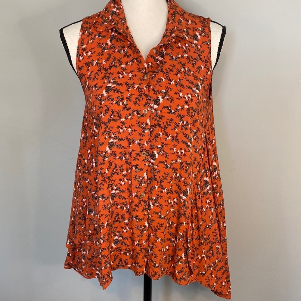 Umgee Orange Floral Button Sleeveless Fall Boho Cotton High-low Blouse